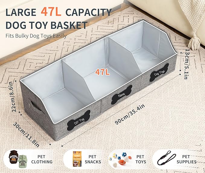 Qozary Large Dog Toy Basket with Diy Tag - Collapsible Dog Toy Bin, Fabric Personalized Pet Toy Box, Trapezoid Storage and Organizer for Pet Supplies