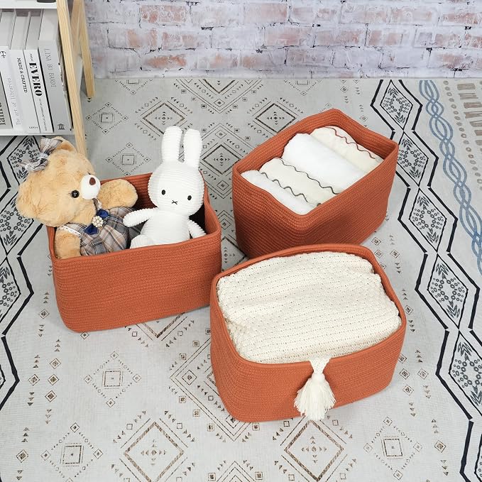 XUANGUO Woven Cotton Rope Storage Baskets 15x10x9.3" 3 Pack Rust | Decorative rectangular baskets for shelves and closets; storage bins help organize clothes, toys, books and nursery items.