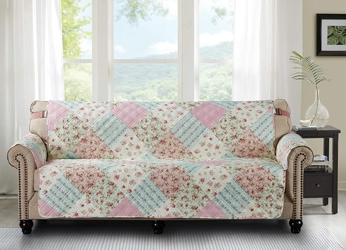 Brilliant Sunshine Pink and Green Rose Patchwork Couch Cover, Quilted X-Large Sofa Slipcover, 78" Seat Width, Slip Resistant Furniture Protector, 2" Strap, Washable Couch Cover for Pets, Pink Green | Quilted Sofa Cover, Living Room & Bedroom Furniture ...