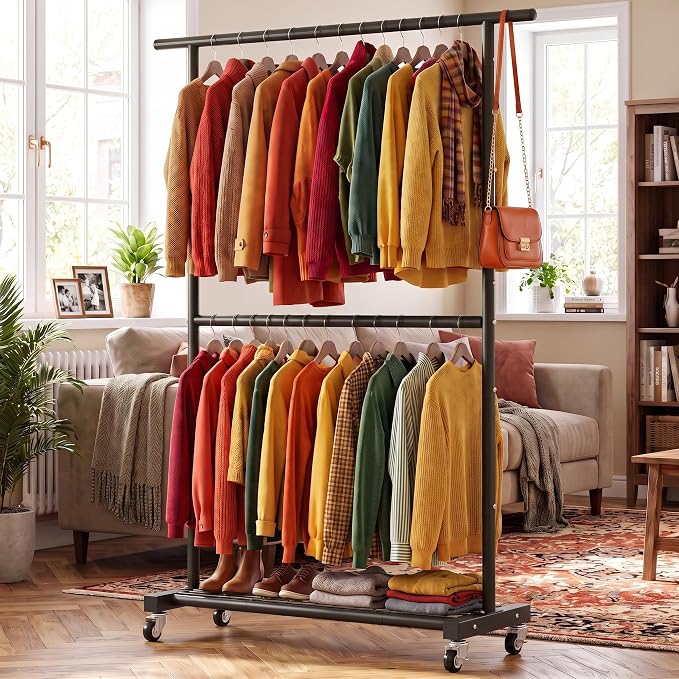 Sywhitta Double Rod Metal Clothing Rack on Wheels with Bottom Mesh,Black | Rolling Garment Organizer, for Hanging Clothes,Coats,Easy to Assemble,Space-Saving,Mobile Organizer for Closet
