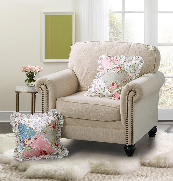 Brilliant Sunshine Multi Peach & Olive Flowers Ruffle Shams Set, 18"x18" | Patchwork Design with Ruffles, Quilted Pillow Covers, Washable Throw Cushion Cases for Couchs and Beds, Pack of 2