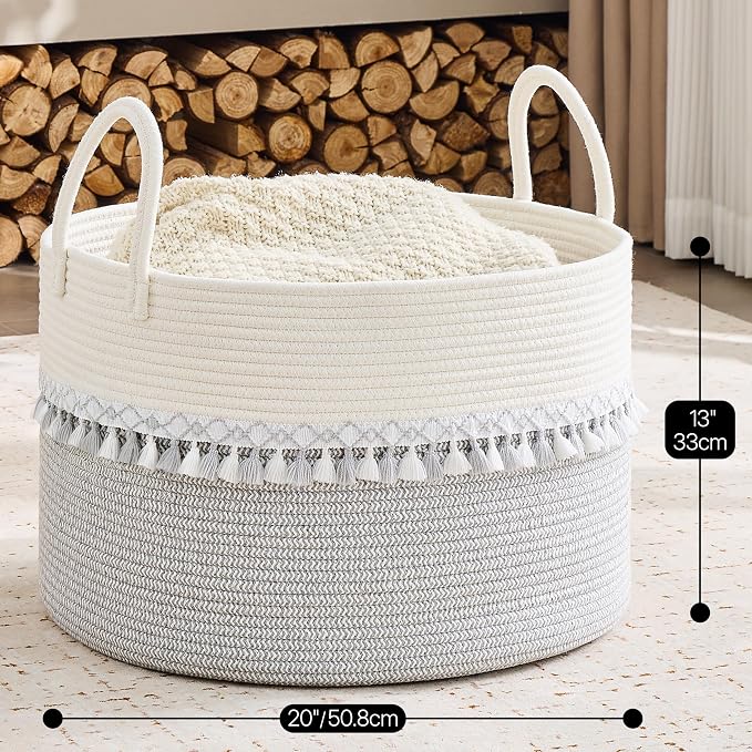 KAKAMAY Large Blanket Basket with Handles, Storage Basket for Living Room | Extra Large Capacity | Natural Cotton Rope | Blanket Storage | Woven Storage Basket | Stuffed Animal Storage | Laundry Basket