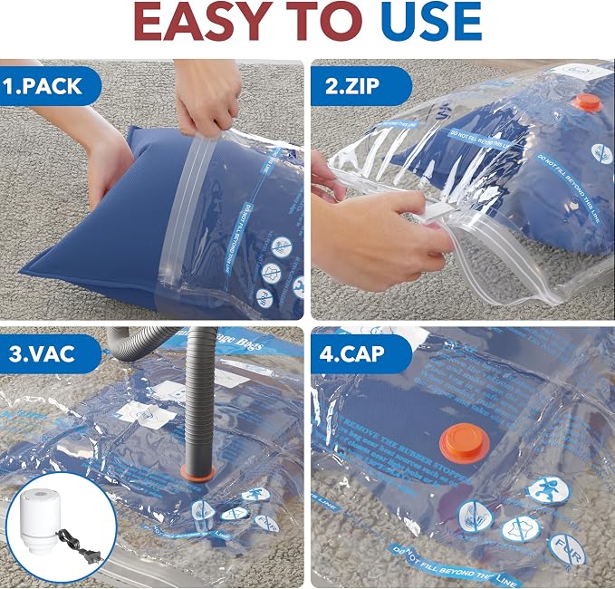 Vacuum Seal Bags for Clothing Travel & Home Storage, travel vacuum bags with pump, Store Blankets, Comforters, Pillows, Seasonal Clothes Compactly,8 Pack With Electric Pump