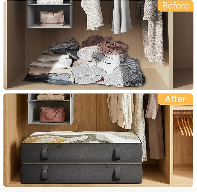 2-Pack Under Bed Storage Containers, 8 Inches Tall Clothes Storage, Black | Large Capacity Collapsible Underbed Organizer with Sturdy Sidewalls/Bottom, Cotton Linen Bins, For Seasonal Clothes & Bedding