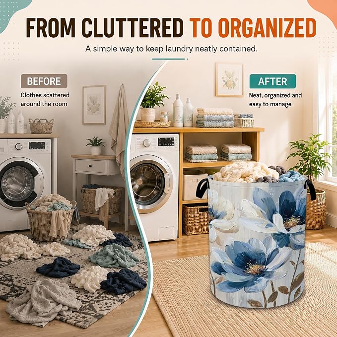 Blue Flower Laundry Basket,Flower on Marble Foldable Oxford Laundry Hamper with Handles,Collapsible Clothes Storage Basket for Bedroom,Bathroom,or Laundry Room,20.8 x 16 Inches