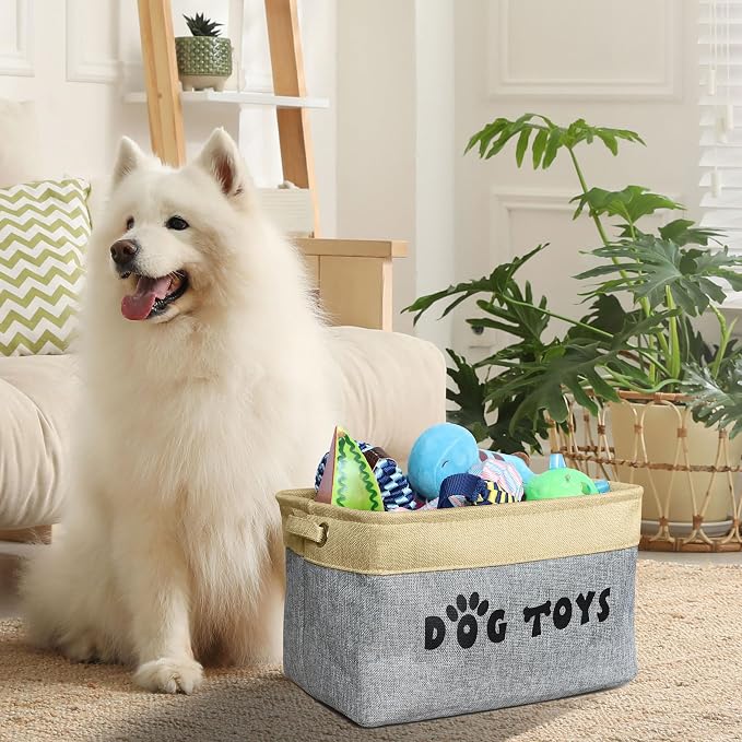 PET ARTIST Dog Toy Basket, Large Collapsible, Gray, M: 15"x11"x9" | Dog Toy Bin Box, Comfortable Handles, Large Pet Toy Storage Organizer, For Accessories, Toys, Coat & Clothing, Blanket Leash