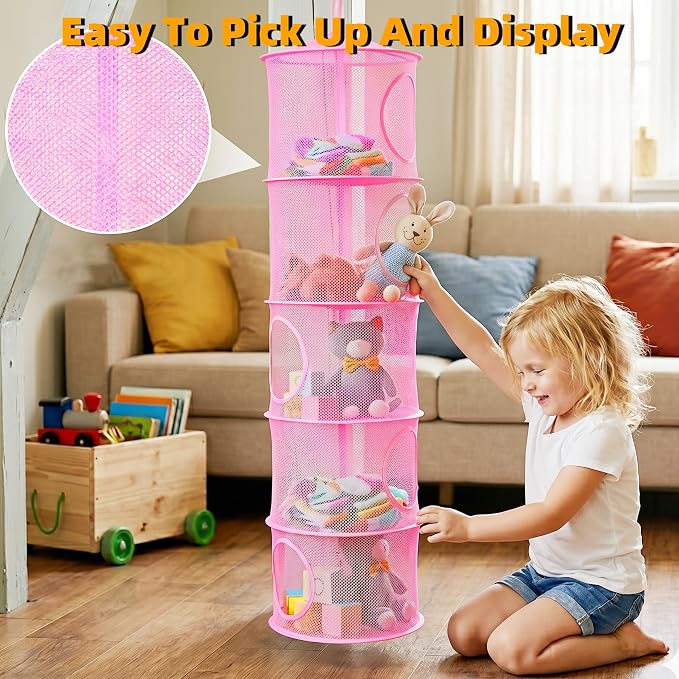 2Pcs Hanging Stuffed Animal Storage Hammock Net 5 Tiers, Pink | Hanging Mesh Storage Organizer for Kids Room, Holds Plushies, Gloves, Hats, Socks, Foldable Space-saving Design