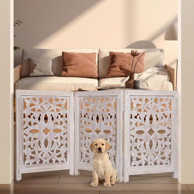 Lightnpro 3-Panel Carved Wooden Dog Gate – 54 Inch Foldable Freestanding Pet Barrier, White Wash Indoor Safety Fence for Small Dogs & Puppies – 24x18 Inch Panels