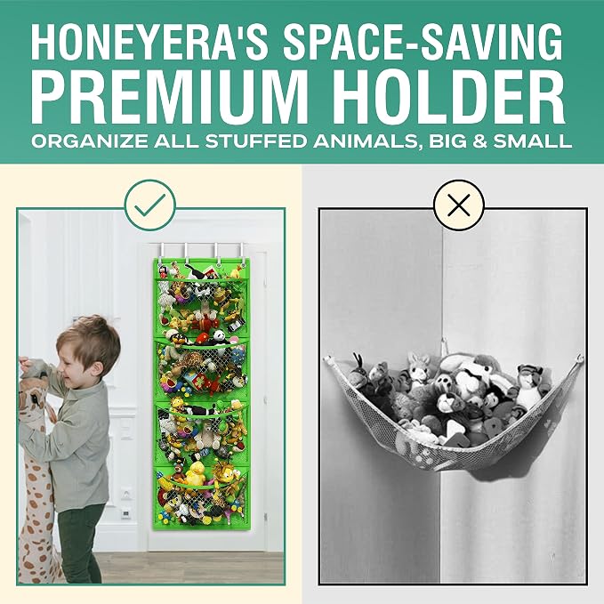 Honeyera Storage for Stuffed Animal - Over Door Organizer for Stuffies, Baby Accessories, and Toy Plush/Easy Installation with Breathable Hanging Pockets (Green)