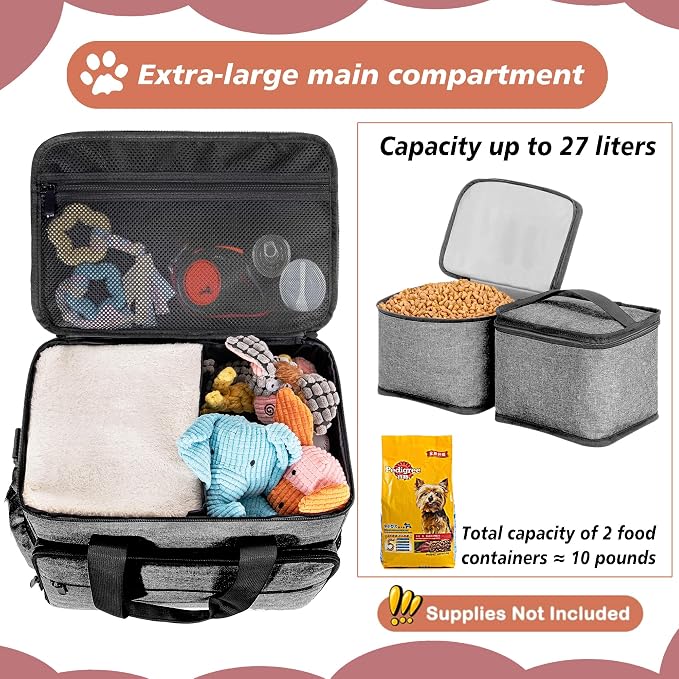 Dog Travel Bag, Large Pet Travel Set with Multi-Function Pockets | 2 Food Storage Containers, 2 Collapsible Bowls, 1 Feeding Mat for Pet Supplies, Road Trip Essentials, Weekend Camping, Grey