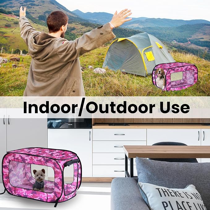 Portable Collapsible Pop Up Kennel, 40" L x 27" W x 27" H, Camo Pink | Collapsible indoor/outdoor travel cat and dog crate with mesh screen windows pops up and folds flat for easy storage