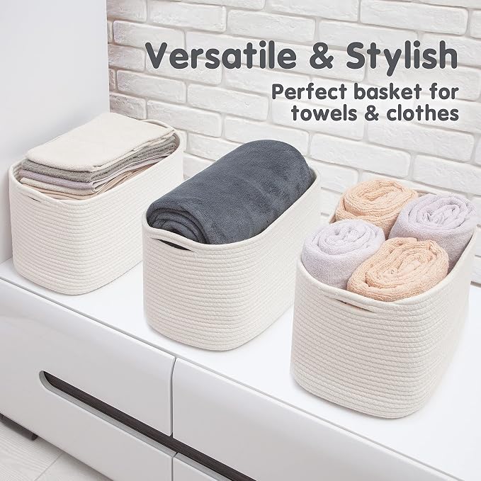 CHAT BLANC Cotton Rope Baskets for Organizing, Shelves, Toys, Storage, Shoe, Bathroom, Laundry, Towel, Nursery, Home Decor, Blanket, Cloth Woven Bins Fabric (Creamy White, 15"x10"x9")
