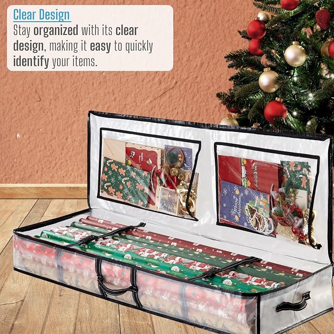 VENO 2 Pack Clear Wrapping Paper Organizer Storage Box for Christmas Gift Bags and Holiday Accessories, Underbed Storage Container with Interior Pockets, 40 Inches Long Fits 24 Rolls (2 Pack)