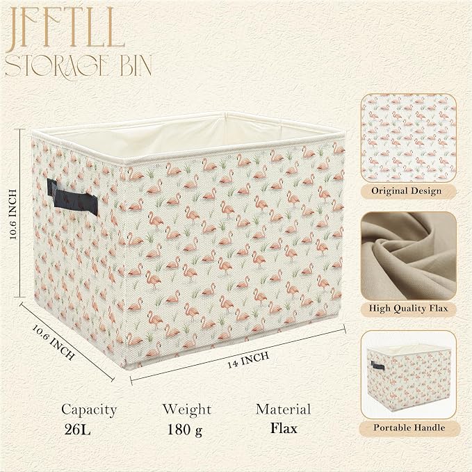 Pink Flamingo Storage Bins with Handles, Flamingo Gifts for Women, Tropical Bird Collapsible Laundry Basket Storage Box for Home Bedroom Bathroom Clothes Toys Books
