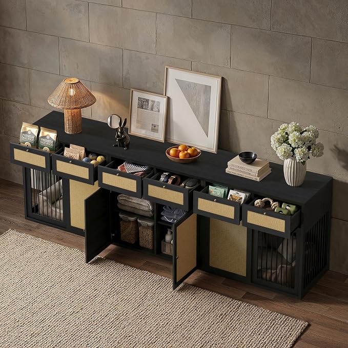 PureCozy 3-Piece Double Dog Crate Furniture, 120 Inch, Black Oak | Left and right kennels for 2 dogs plus center cane storage cabinet; metal sliding doors and 6 total drawers.