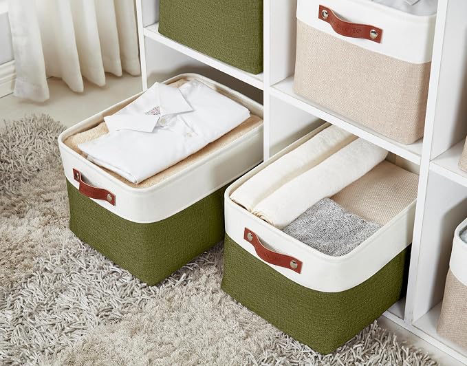 DECOMOMO Storage Bins, Large Fabric Storage Baskets for Shelves 3 Pack | 15 x 11 x 9.5 inches Decorative Linen Closet Organizers (Olive Green & White)