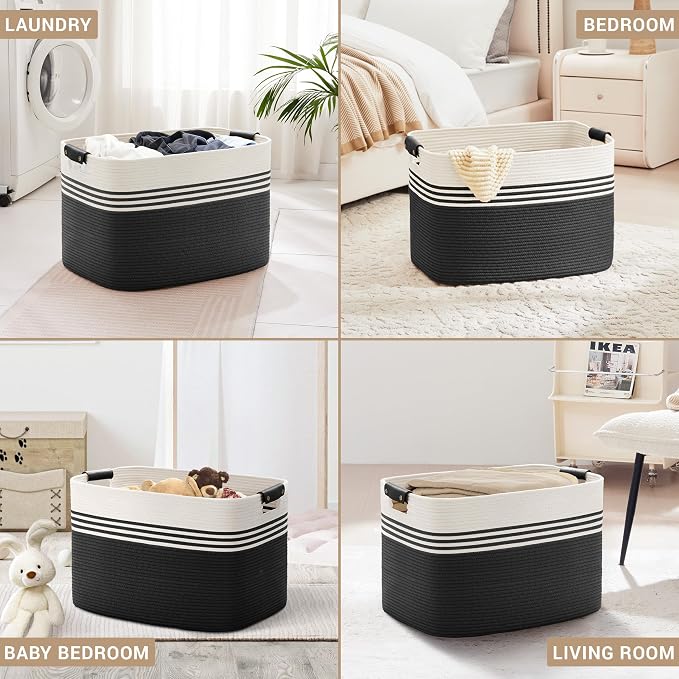 100L Large Woven Laundry Basket Hamper with Leather Handles,Black | collapsible wicker hamper, storage for dirty clothes, toys, blankets, gifts, living room, bedroom, bathroom, 24"x16"x16"