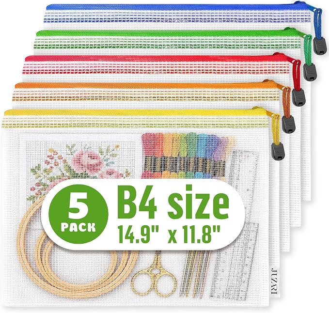 5 Pack Clear Project Bags with Zipper B4 (12x15in) - Craft Storage Bag for Needlepoint, Cross Stitch and Quilting - Heavy Duty Zip Project Bags for Organization 5 Colors: Red Yellow Green Blue Orange