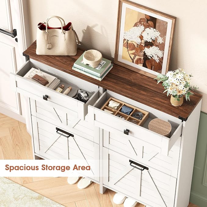Halitaa Shoe Cabinet with 4 Flip Drawers & 2 Drawers,Farmhouse Shoe Storage Cabinet for Entryway,Slim Freestanding Organizer Rack for Front Door Entrance,White