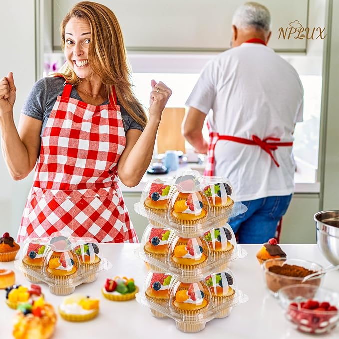 NPLUX 60 Pack 4 - Count Cupcake Containers for Bulk Dessert Prep | Compartment Holder, Connected Airtight Lid, Boxes, Cupcakes, Muffins, BPA Free, Standard Size, Bulk Prep