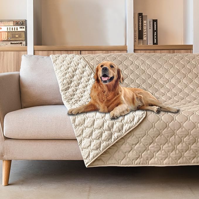 gogobunny Waterproof Dog Blankets for Large Dogs, Pet Bed Cover Breathable | Washable Pee Pads, Quilted Throw Blanket, Furniture Protector for Couch Sofa Bed Car, 82x82 Inch Dark/Light Beige
