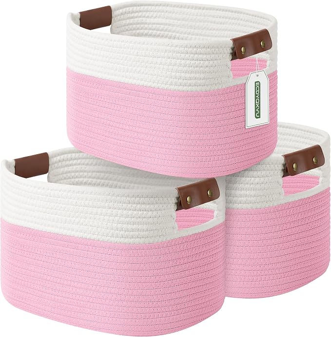 ECDYQXVU 15x10x9 Woven Cotton Rope Storage Basket, Leather Handles 3 Pack | Foldable Design, Sturdy PU Handles, Easy to Clean Organizer for Living Room, Closet, Shelves, Bedroom, Laundry, Clothes
