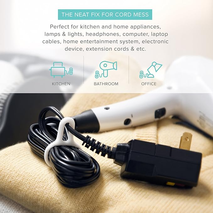 UT Wire Binditz for Home Attachable Silicon Cable Wrap Kitchen Small Appliances, Computer, Hair Dryer Cords in White Set of 12 Assorted Sizes, White