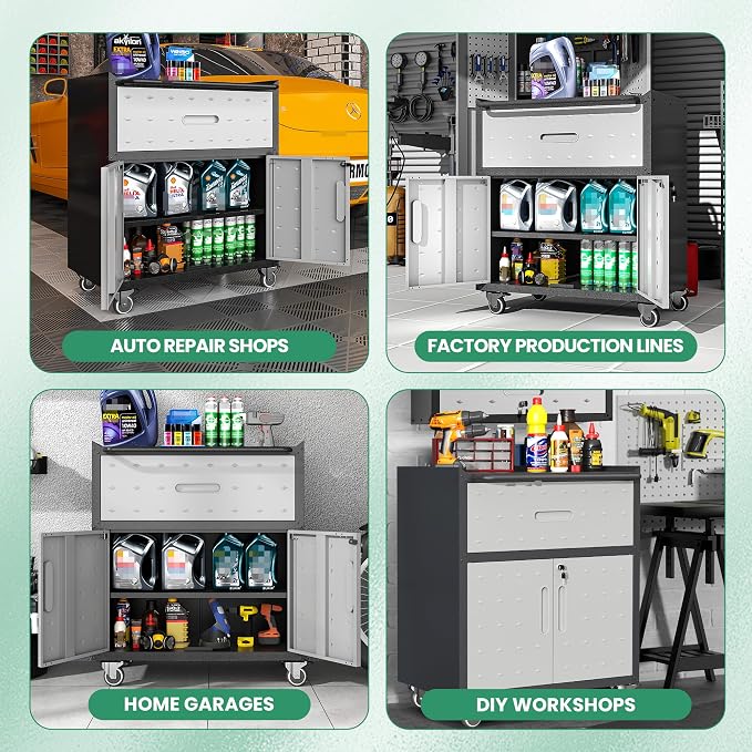 Garage Cabinets,Metal Garage Storage Cabinet with Wheels,Lockable Rolling Tool Cabinet with Drawer and Adjustable Shelves,Heavy Duty Tools Cabinet for Home Office Utility Room,Black/Grey