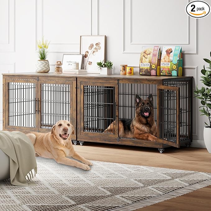 YaFiti Dog Crate Furniture, 44" Wooden Dog Kennel, 2 Pack, Rustic Brown | Cushion, Wheels, Double Doors, for Large Dogs, Up to 85 lb, Furniture Style, Side End Table, Decorative Pet Cage House