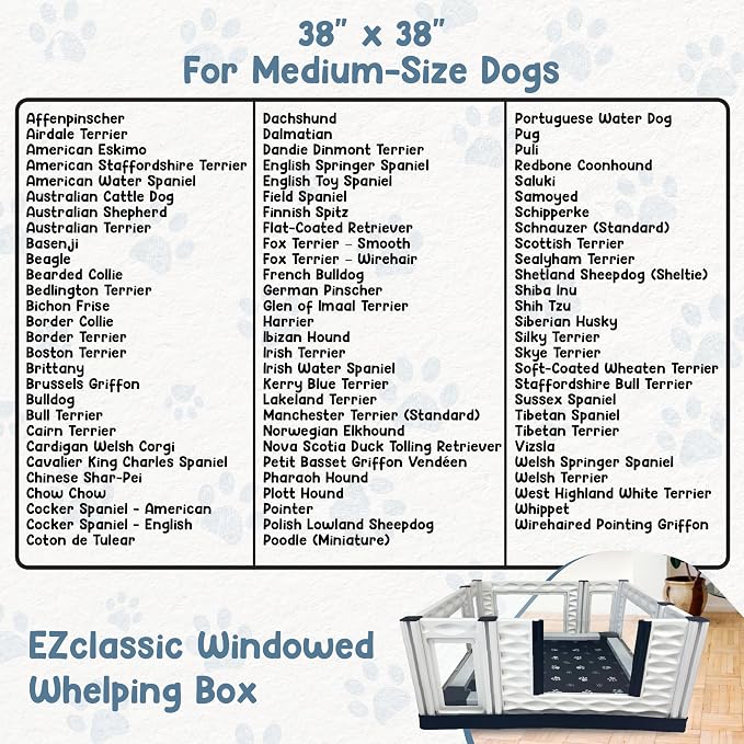 EZclassic 38x38x18 in Whelping Box, Windowed Walls & Rails, Gray | 38x38 padded whelping box with windowed walls, puppy safety rails, waterproof gray pad, and sturdy portable build