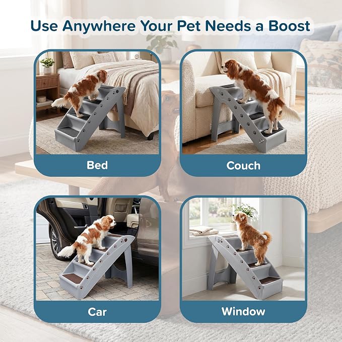 PETMAKER Lightweight Durable Plastic Dog Stairs, Gray, 23.25” x 15” x 19” | Foldable Pet Stairs with 4-Step Design for Bed, Couch, Car, Pet Steps with Non-Slip Carpeted Pads for Small Dogs and Cats