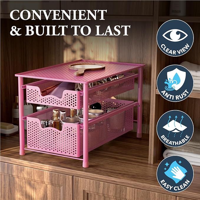 Simple Houseware Stackable 2 Tier Sliding Basket Organizer Drawer, Pink