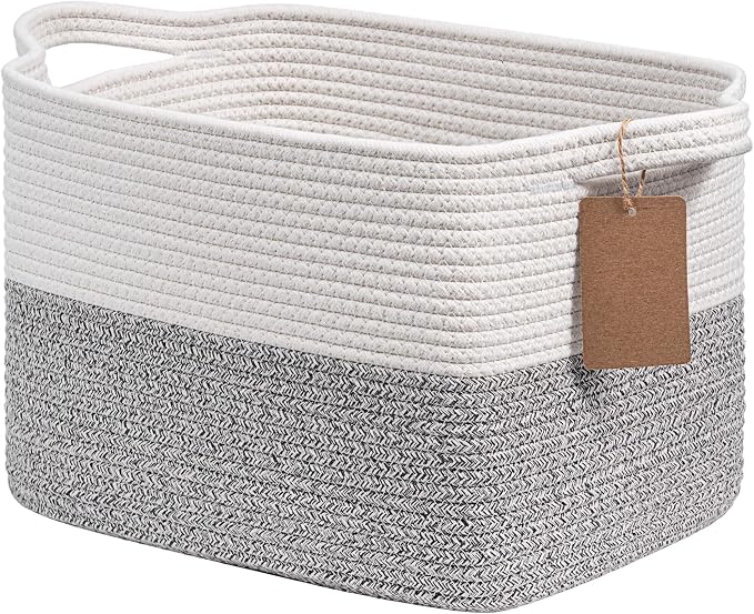 Goodpick Woven Rope Storage Basket for Shelves, Rectangle, Light Gray | 13" × 10" × 9" Stylish Gift Basket for Home Decor, Cotton Rope Baskets for Clothes, Towels & Toys Storage, Reinforced Handles