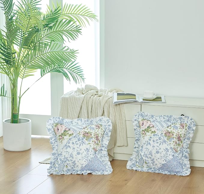Brilliant Sunshine Blue Roses Ruffle Pillowshams Set, 18"x18" | Patchwork Design with Ruffles, Quilted Pillow Covers, Washable Throw Cushion Cases for Couchs and Beds, Pack of 2