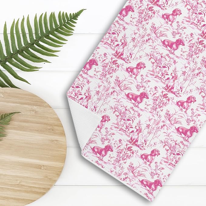 Pink Chinoiserie Golden Retriever Kitchen Towels, Pink Floral Golden Retriever Decorative Dish Tea Towels, Grandmillennial Botanical Dog Hand Towels for Kitchen Bathroom, 16x24 Inch