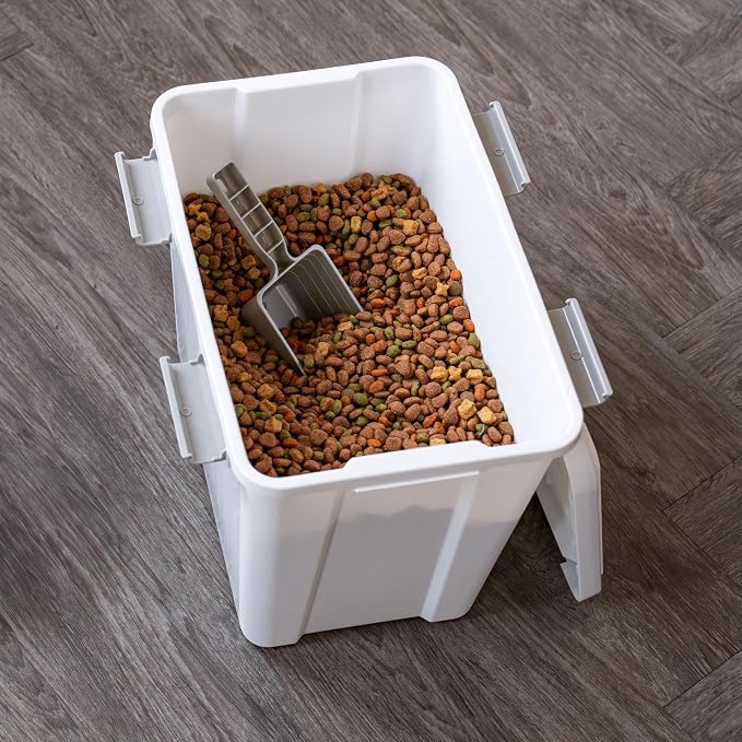 IRIS USA Dog Food Storage Container, Up to 30 lbs, White, Made in USA | Includes 2-Cup Sccop, Stacklable, BPA-Free, 4 Secure Latches, Bird Seed, Chicken Feed, Pellets, Camping