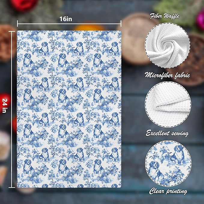 Chinoiserie Bernese Mountain Dog Kitchen Towels, Bernese Mountain Dog Gifts Grandmillennial Botanical Hand Towels for Kitchen Bathroom, 16x24 Inch