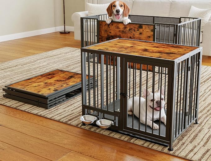 Heavy Duty Dog Crate for Medium Dogs, 3 in 1 37.8" Foldable Collapsible Dog Kennel & Playpen with Wheels & Feeding Bowls, Escape-Proof Metal Dog Cage for Indoor Outdoor Use, Rustic Brown