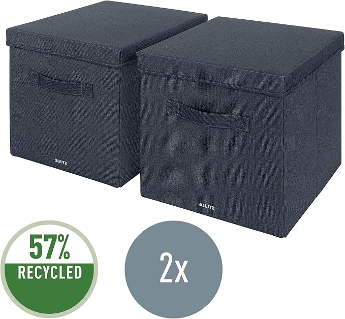 Leitz Fabric Storage Box with Lid, Set of 2 Cube Storage Unit Boxes, Foldable Fabric Ottoman Storage Box, Foldable & Eco Conscious Organiser Box, Recycle Range, Velvet Grey, Large, 61450089