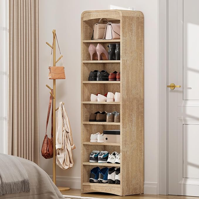 67.6” Tall Shoe Cabinet 8-Tier with Adjustable Shelves, Natural | Freestanding Shoes Organizer Cabinet for Entryway, Hallway, Living Room