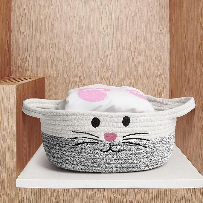 Small Woven Baskets for Organizing Rope with Handle Cute Cotton Basket for Nursery Gift Dog Cat Toy Storage Basket for Toy Organizer-Gray