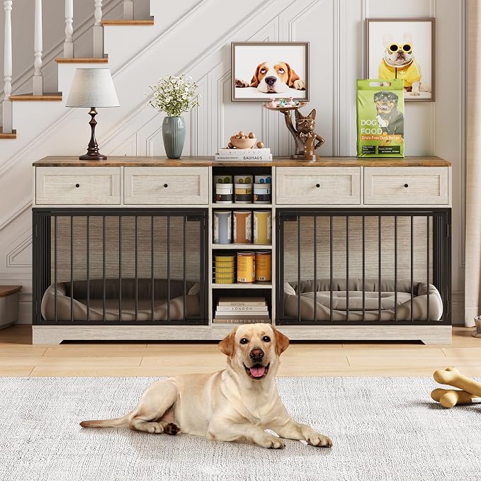 Dog Crate Furniture for 2 Dogs, Double Dog Crate TV Stand, Washed White | 82" Large Dog Kennel Indoor with 4 Storage Drawers and 4 Shelves, Suitable for Small, Medium and Large Dogs