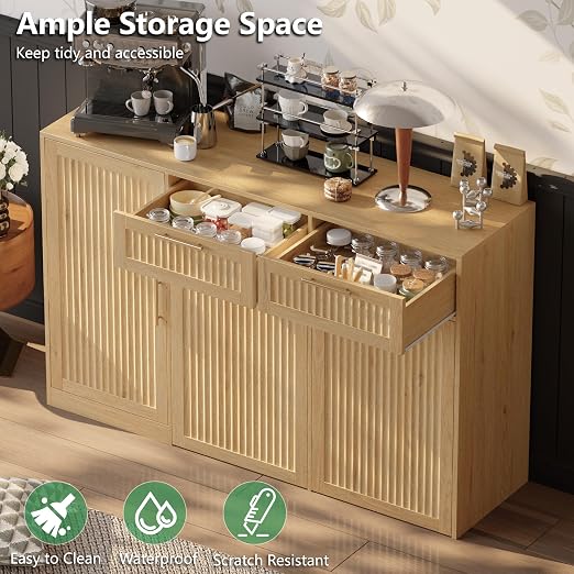 Double 13 Gallon Pull Out Trash Can Cabinet with Storage Cabinet,Natural | Pet Proof Hidden Garbage Can Cabinet,3-Tier Shelves,Fluted Design,Extra Drawer Space,Kitchen & Dining Room Organization