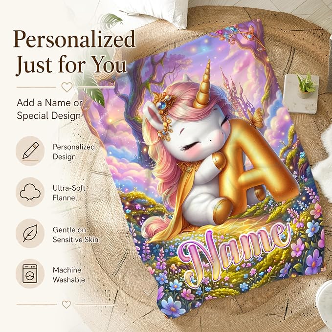 Unicorn Blanket for Girls with Custom Initial Name, Personalized Kids Throw | Lightweight Flannel Throw, Living Room Couch Decor, Gift for Unicorn Lover