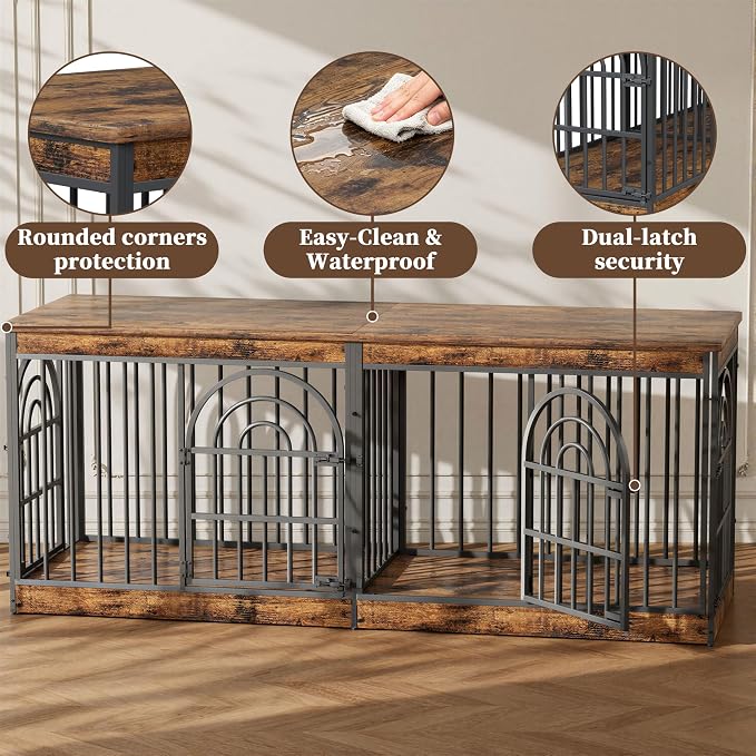 EasyCom 72" Wooden Double Dog Crate Furniture for 1-2 Dogs | Removable Divider, Retro Round Door, Fits Medium & Large Dogs, End Table TV Stand