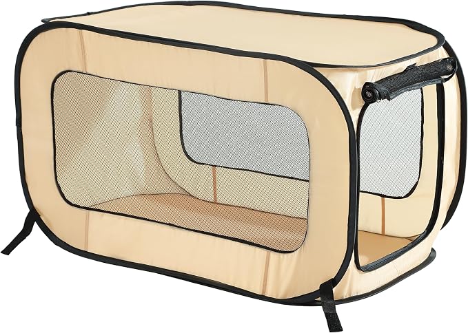 Portable Collapsible Pop Up Kennel, 36" L x 22" W x 22" H, Beige | Collapsible indoor/outdoor travel cat and dog crate with mesh screen windows pops up and folds flat for easy storage
