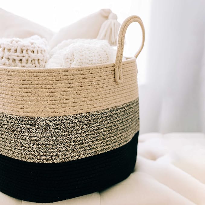 OrganiHaus Round Toy Basket & Blanket Basket, Cotton Rope 20x13" | 3-Toned Brown - Round Cotton Rope Basket, 20x13"