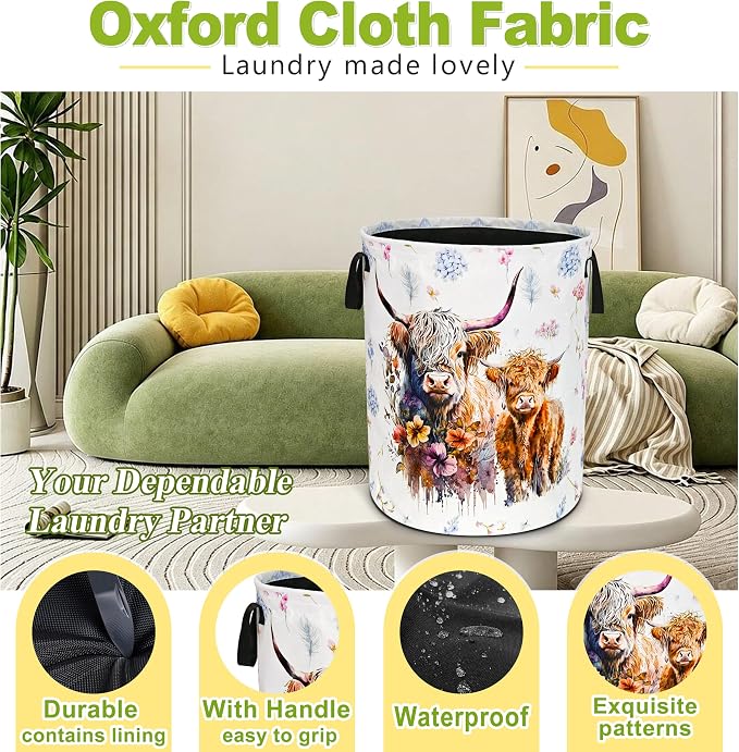 Highland Cow Laundry Basket Foldable Waterproof Cattle Hamper 18.9x16.5 In | Oxford Cloth With Reinforced Handles Lining Design Large-Capacity Storage For Bathrooms/Laundry Rooms/ Living Rooms/Bedrooms