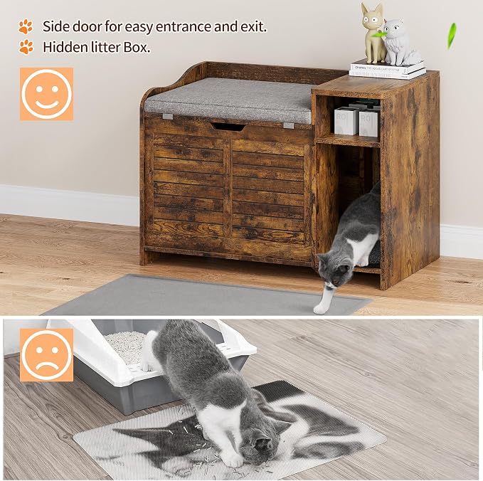 Cat Litter Box Enclosures Large Hidden Cat Litter Box Furniture Enclosure w/Top Opening Door, Wooden End Table Pet House w/Storage Shelf, Cushion & Mat, Dog Proof Design for Easy Cleaning