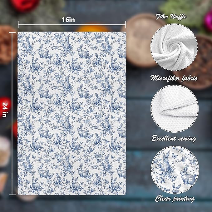 Chinoiserie Rabbit Kitchen Towels,Farm Rabbit Gift Decorative Hand Towels,Blue and White Grandmillennial Botanical Animal Print Floral Dish Tea Towels Decor for Kitchen Bathroom, 16x24 Inch